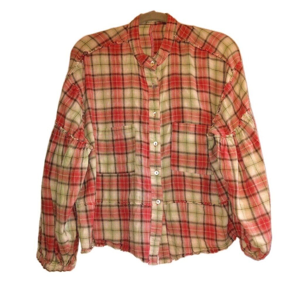 Easel Patchwork Plaid Button Up Shirt L Pink Green Boho Raw Hem Oversized